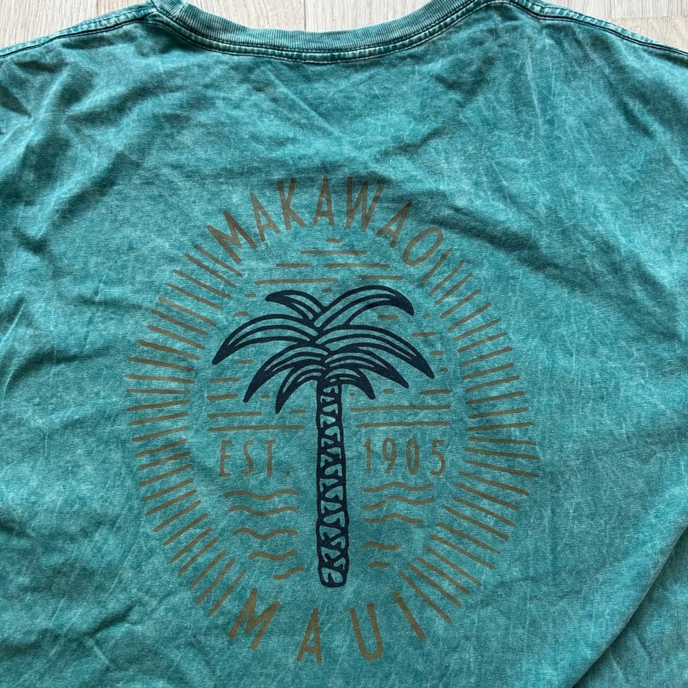 Yesterdays Sportswear T-Shirt‎ Sz L Teal Green Maui Palm Tree Acid Wash Tubular